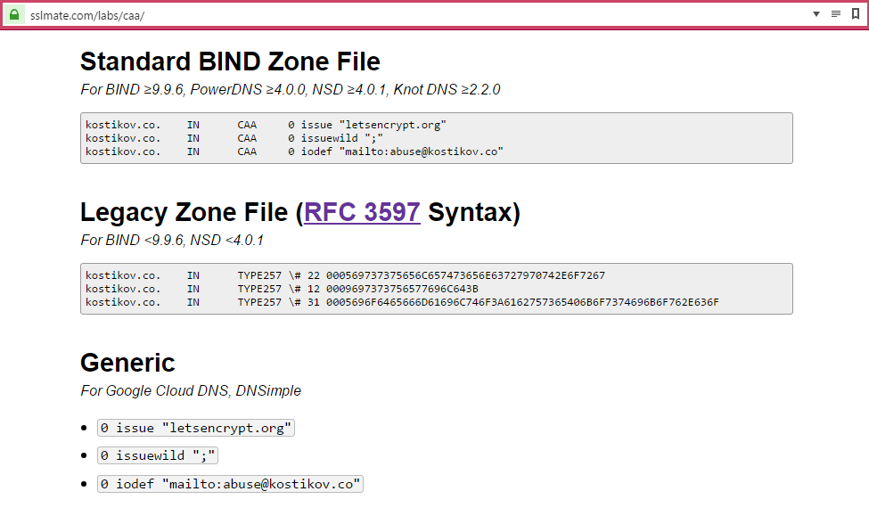 SSLmate CAA DNS record wizard